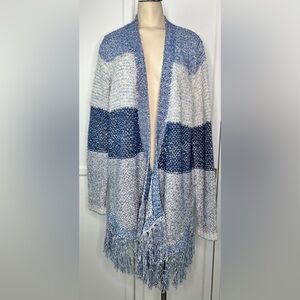 NWOT Lucky Brand Cardigan Knit Sweater Blue & White Fringe Cotton Wool Duster